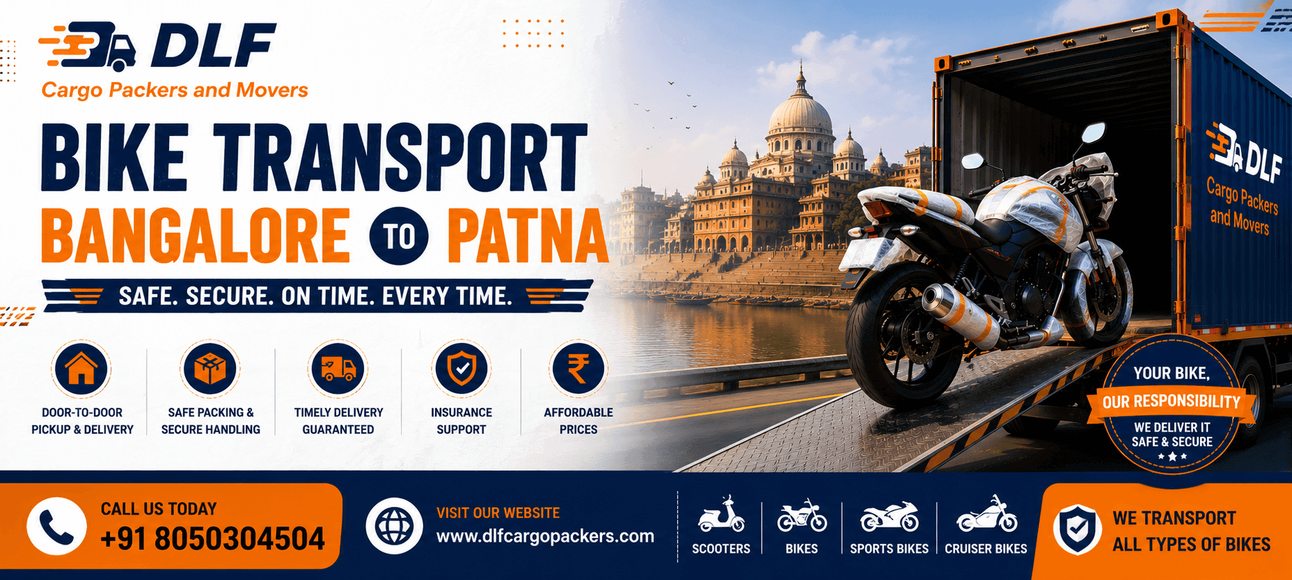 Bike Transport Bangalore to Patna by DLF Cargo Packers and Movers featuring professional motorcycle transportation, secure packing, and safe doorstep delivery.